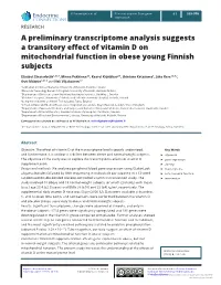 A Preliminary Transcriptome Analysis Suggests a Transitory Effect of Vitamin D on Mitochondrial Function in Obese Young Finnish Subjects