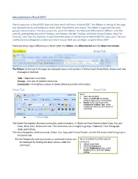 Introduction to Word 2007 the Ribbon Home Tab Home Tab Home