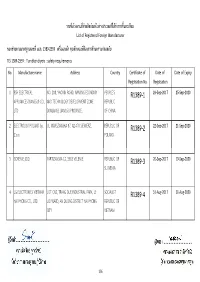 No. Manufacture Name Address Country Certificate of Registration