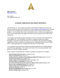 Academy Announces 2020 Grant Recipients