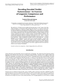 Decoding Encoded Yorùbá Nomenclature: an Exercise of National Research University Higher School of Economics Linguistic Competence and Performance