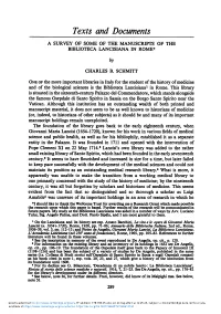 Texts and Documents a SURVEY of SOME of the MANUSCRIPTS of the BIBLIOTECA LANCISIANA in ROME* by CHARLES B