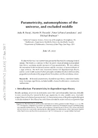 Parametricity, Automorphisms of the Universe, and Excluded Middle