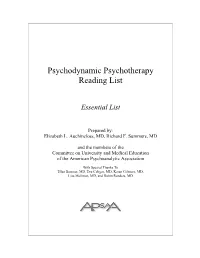 Psychodynamic Psychotherapy Reading List