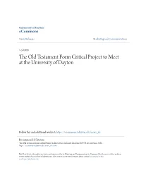 The Old Testament Form Critical Project to Meet at the University of Dayton