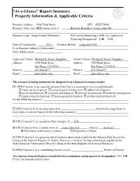 “At-A-Glance” Report Summary Property Information & Applicable Criteria