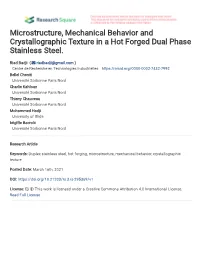 Microstructure, Mechanical Behavior and Crystallographic Texture in a Hot Forged Dual Phase Stainless Steel