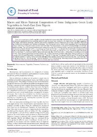 Macro and Micro Nutrient Composition of Some Indigenous Green Leafy
