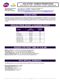 2020 Us Open Singles Prize Money & Ranking Points