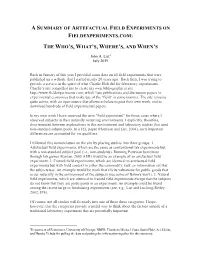A Summary of Artefactual Field Experiments on Fieldexperiments.Com