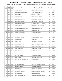 Mohanlal Sukhadia University, Udaipur Roll List of Candidate’S Appearing for the Post of Lower Division Clerk