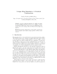 Unique Ring Signatures: a Practical Construction