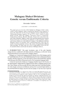 Malagasy Dialect Divisions: Genetic Versus Emblematic Criteria