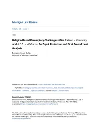 Religion-Based Peremptory Challenges After Batson V. Kentucky and J.E.B. V. Alabama: an Equal Protection and First Amendment Analysis