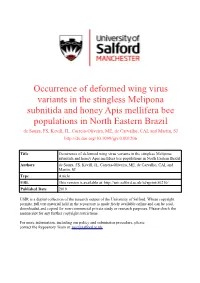 Occurrence of Deformed Wing Virus Variants in the Stingless Melipona Subnitida and Honey Apis Mellifera Bee P
