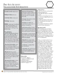 PRE-SITE Activity SALAMANDER INFORMATION