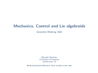 Mechanics, Control and Lie Algebroids, Geometry Meeting 2009