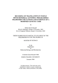 Recoding of Translation in Turtle Mitochondrial Genomes: Programmed Frameshift Mutations and Evidence of a Modified Genetic Code
