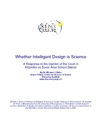 Michael Behe, Whether Intelligent Design Is Science