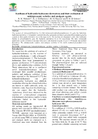 Synthesis of Hydrazide-Hydrazone Derivatives and Their Evaluation of Antidepressant, Sedative and Analgesic Agents R