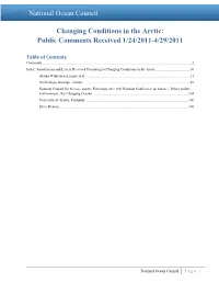 Changing Conditions in the Arctic: Public Comments Received 1/24/2011-4/29/2011