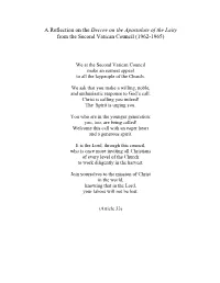 A Reflection on the Decree on the Apostolate of the Laity from the Second Vatican Council (1962-1965)