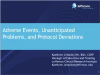 Adverse Events, Unanticipated Problems, and Protocol Deviations