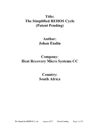 The Simplified REHOS Cycle (Patent Pending)