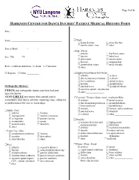 Harkness Center for Dance Injuries' Patient Medical History Form