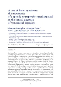 A Case of Balint Syndrome: the Importance of a Specific Neuropsychological Appraisal in the Clinical Diagnosis of Visuospatial Disorders