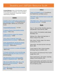 Disability and LGBTQA+ Resource Guide
