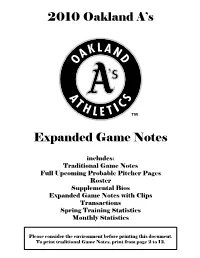 2010 Oakland A's Expanded Game Notes