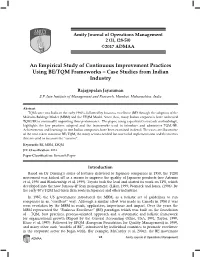 An Empirical Study of Continuous Improvement Practices Using BE/TQM Frameworks – Case Studies from Indian Industry