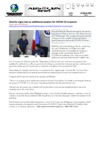 Duterte Signs Law on Additional Powers for COVID-19 Response