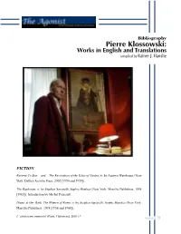 Pierre Klossowski: Works in English and Translations Compiled by Rainer J