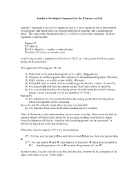 Anselm's Ontological Argument for the Existence Of