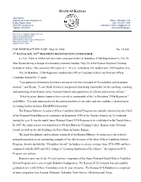 STATE of KANSAS for IMMEDIATE RELEASE: May 18. 2018 No. 18