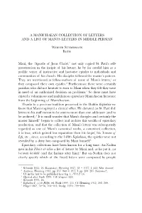 A MANICHAEAN COLLECTION of LETTERS and a LIST of MANI's LETTERS in MIDDLE PERSIAN Werner Sundermann Berlin Mani