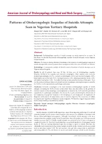 Patterns of Otolaryngologic Sequelae of Suicide Attempts Seen in Nigerian Tertiary Hospitals