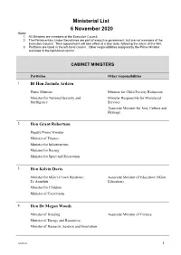 Ministerial List As at 6 November 2020