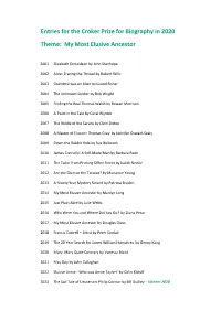 Entries for the Croker Prize for Biography in 2020 Theme: My Most Elusive Ancestor