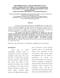 MICROBIOLOGICAL and ECOPHYSIOLOGICAL CHARACTERIZATION of GREEN ALGAE Dunaliella Sp