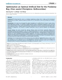 Optimization an Optimal Artificial Diet for the Predatory Bug Orius Sauteri (Hemiptera: Anthocoridae)