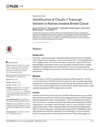 Identification of Claudin 1 Transcript Variants in Human Invasive Breast Cancer