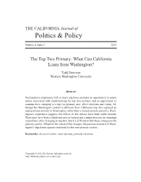 The Top Two Primary: What Can California Learn from Washington?