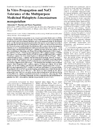 In Vitro Propagation and Nacl Tolerance of the Multipurpose