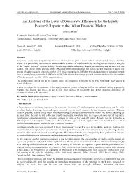An Analysis of the Level of Qualitative Efficiency for the Equity Research Reports in the Italian Financial Market