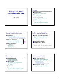 Designing and Writing Secure Application Code Outline General