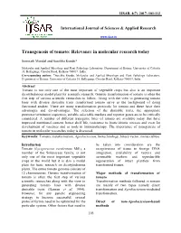 Transgenesis of Tomato: Relevance in Molecular Research Today