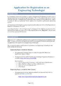 Application for Registration As an Engineering Technologist